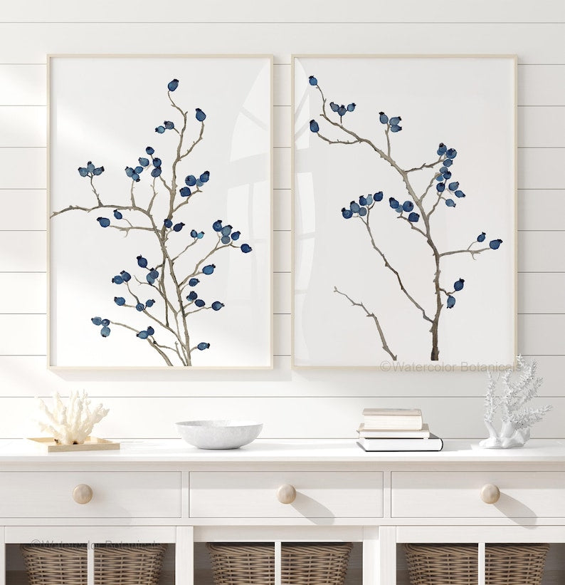 Minimalistische blaue botanische Wandkunst - oder Schlafzimmer