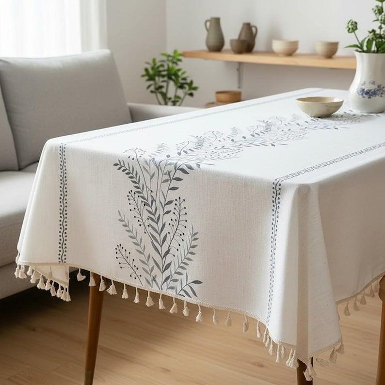 Bestickte Leinen-Baumwoll-Tischdecke mit botanischem Motiv und Quastenrändern