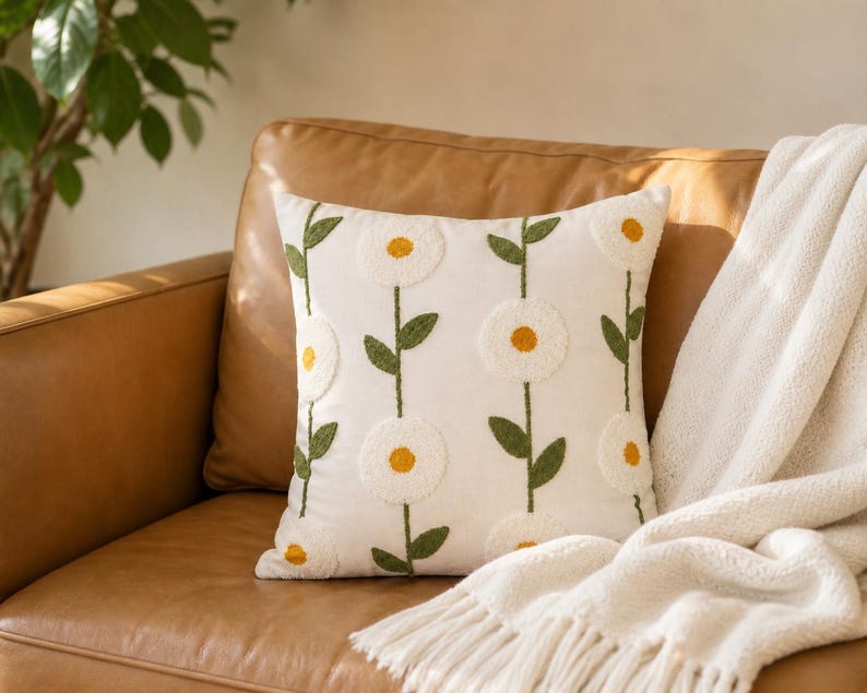 Bestickter Blumenkissenbezug 45 x 45 cm, Cottagecore Landhaus Dekokissen aus Polyester-Baumwollgemisch