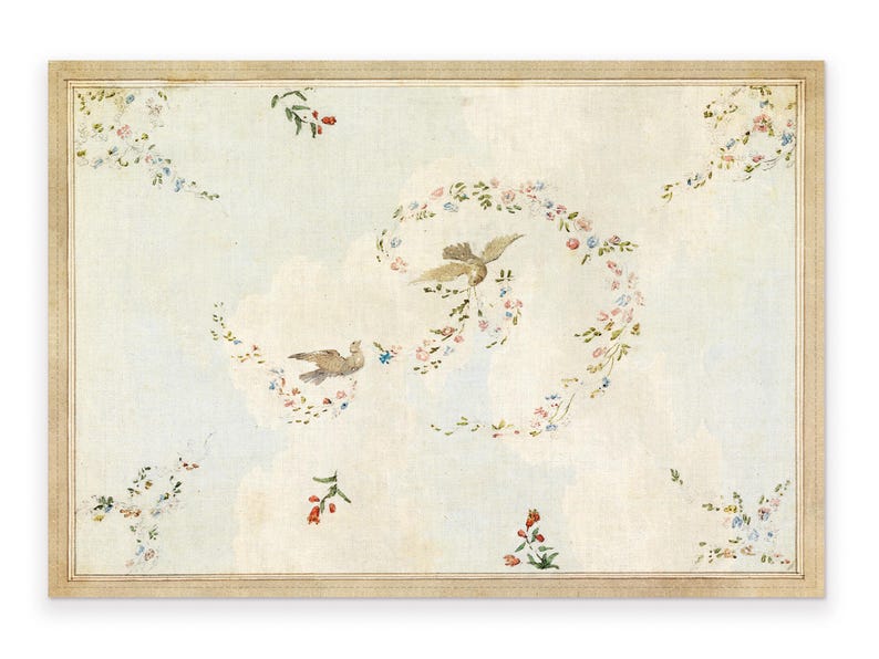 Leinen Tischset-Set „Tauben und Blumengirlanden“, Vintage Tischdeko, 32 × 48 cm