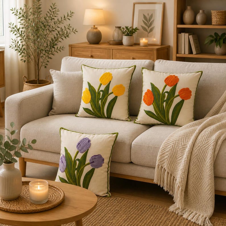 Gestickter Tulpen-Kissenbezug 45 x 45 cm aus Baumwolle und Polyester