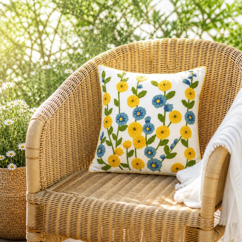Bestickter Blumenkissenbezug 45 x 45 cm, Cottagecore Landhaus Dekokissen aus Polyester-Baumwollgemisch