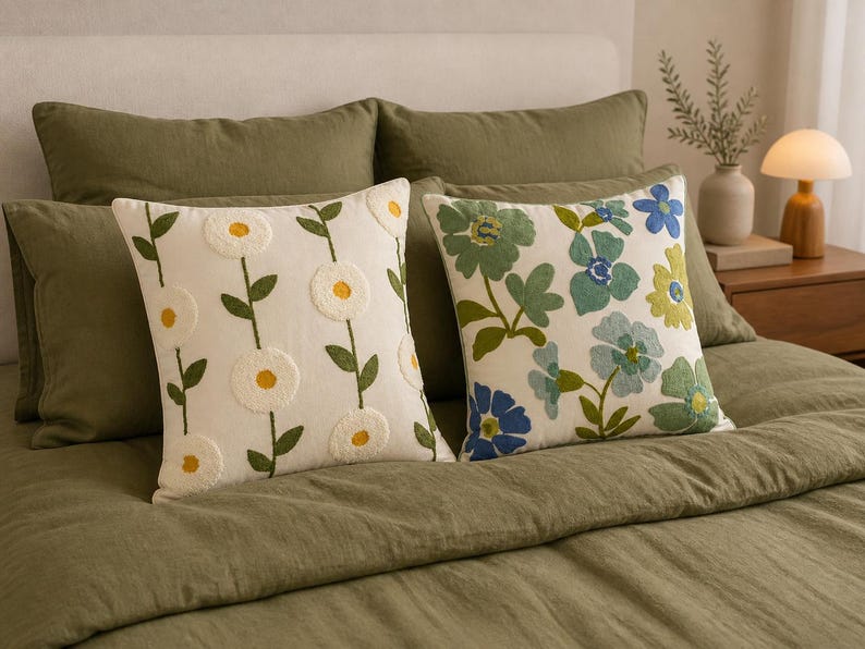 Bestickter Blumenkissenbezug 45 x 45 cm, Cottagecore Landhaus Dekokissen aus Polyester-Baumwollgemisch