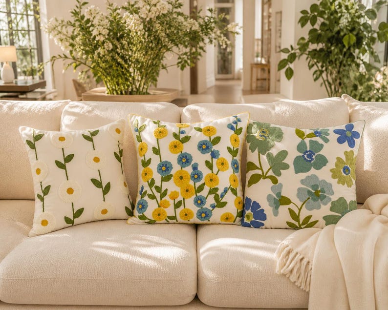 Bestickter Blumenkissenbezug 45 x 45 cm, Cottagecore Landhaus Dekokissen aus Polyester-Baumwollgemisch