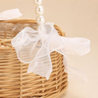 Handgewebter Blumenmädchenkorb aus Weide mit Perlengriff und Schleife, 16,5 x 20 cm