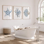 Küsten-Wandkunst 3er-Set – lbeanfisch, Koralle & Seestern, Fine-Art-Aquarellpapier