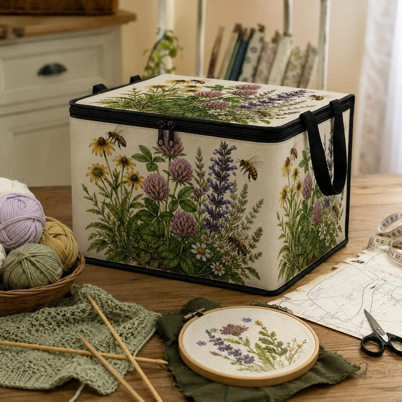 Aufbewahrungsbox mit Deckel aus Stoff, Wildblumen- und Bienen-Motiv, Organizer für Garn und Nähzubehör