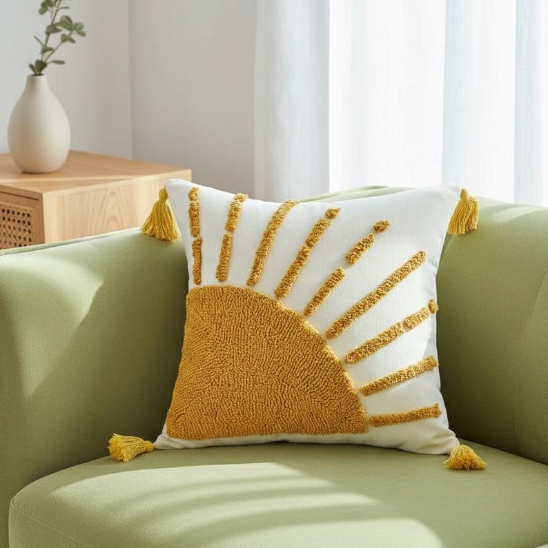 Gestickter getufteter Kissenbezug 45 x 45 cm mit Quasten, Baumwoll-Polyester, Boho-Bauernhaus-Stil