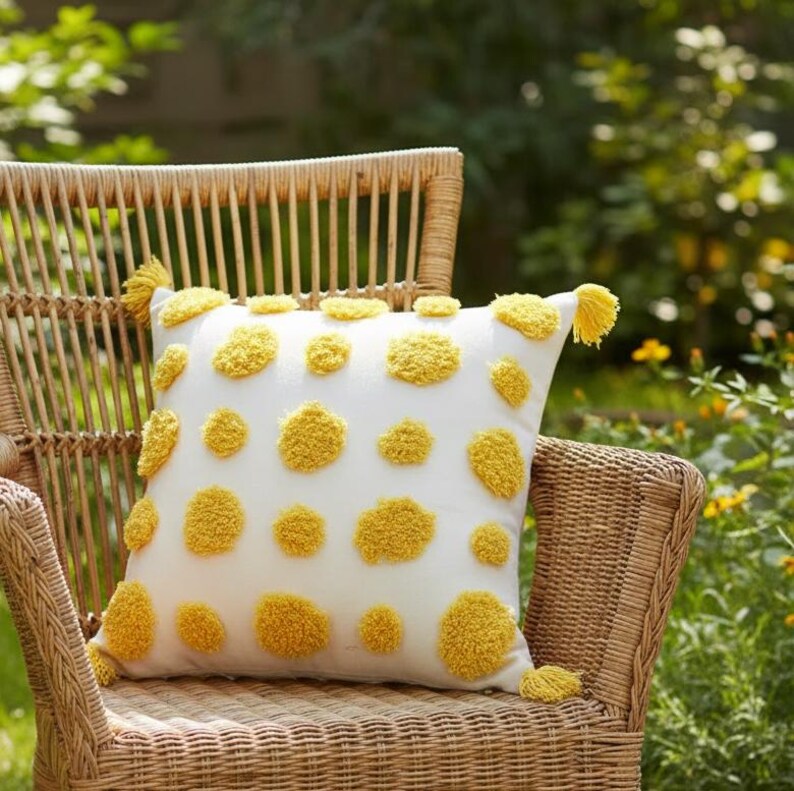 Gestickter getufteter Kissenbezug 45 x 45 cm mit Quasten, Baumwoll-Polyester, Boho-Bauernhaus-Stil