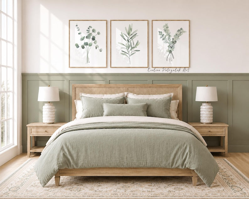 Minimalistische Wanddekoration, 3er-Set Kunstdrucke mit Eukalyptus und Olivenzweigen in Hellgrün