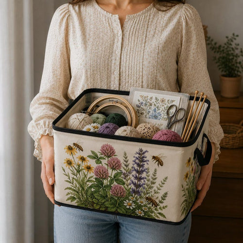 Aufbewahrungsbox mit Deckel aus Stoff, Wildblumen- und Bienen-Motiv, Organizer für Garn und Nähzubehör