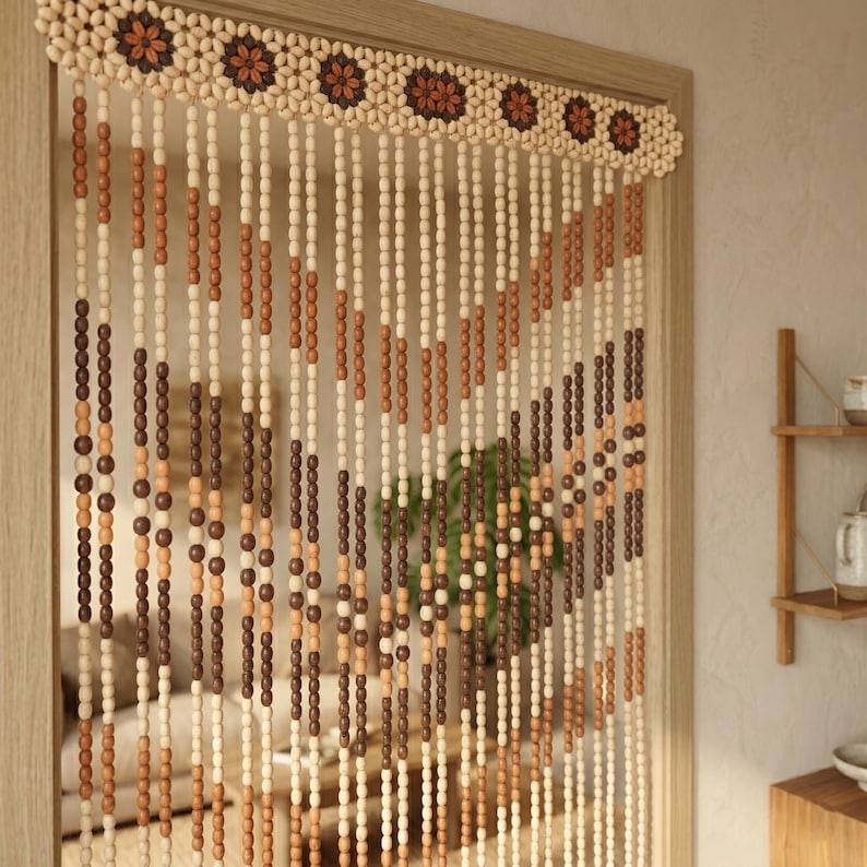 Handgefertigter Holzperlen-Türvorhang, 30 Stränge, Buchenholz, natur, 2,0 × 1,05 m