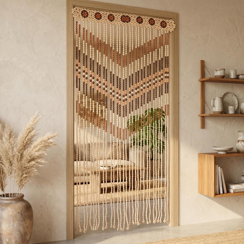 Handgefertigter Holzperlen-Türvorhang, 30 Stränge, Buchenholz, natur, 2,0 × 1,05 m