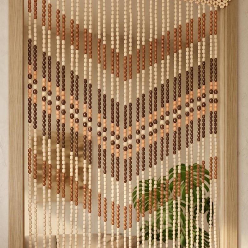 Handgefertigter Holzperlen-Türvorhang, 30 Stränge, Buchenholz, natur, 2,0 × 1,05 m