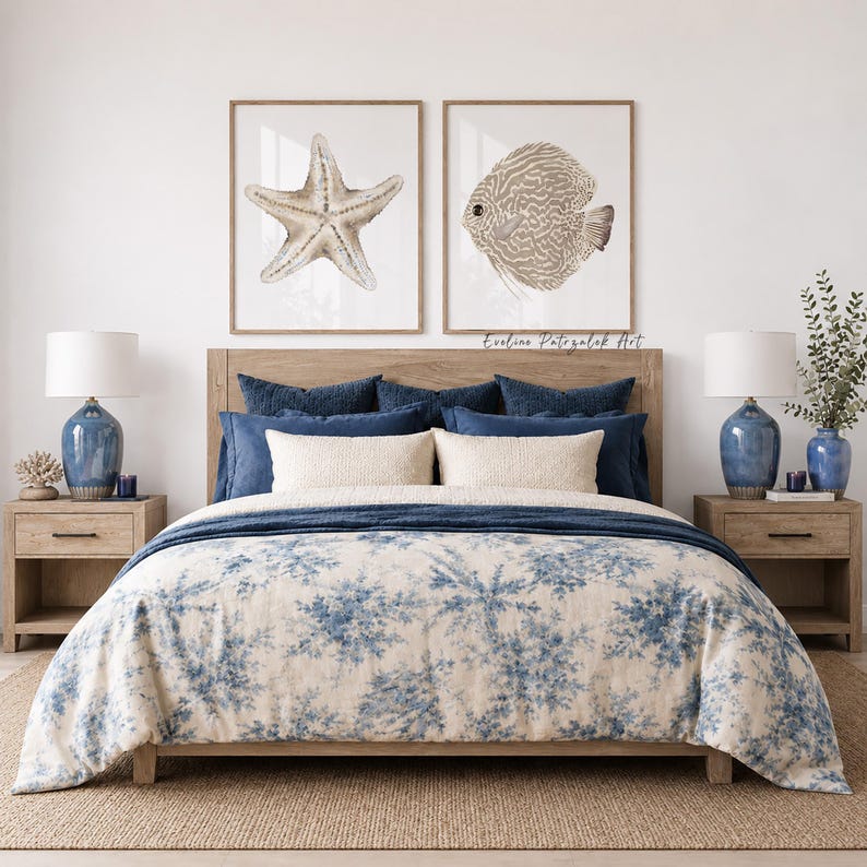 Küsten Wand Kunst 2er Set – Beige Seesterne & Diskusfische, Fine Art Papier, 280 g/m², Hamptons Stil