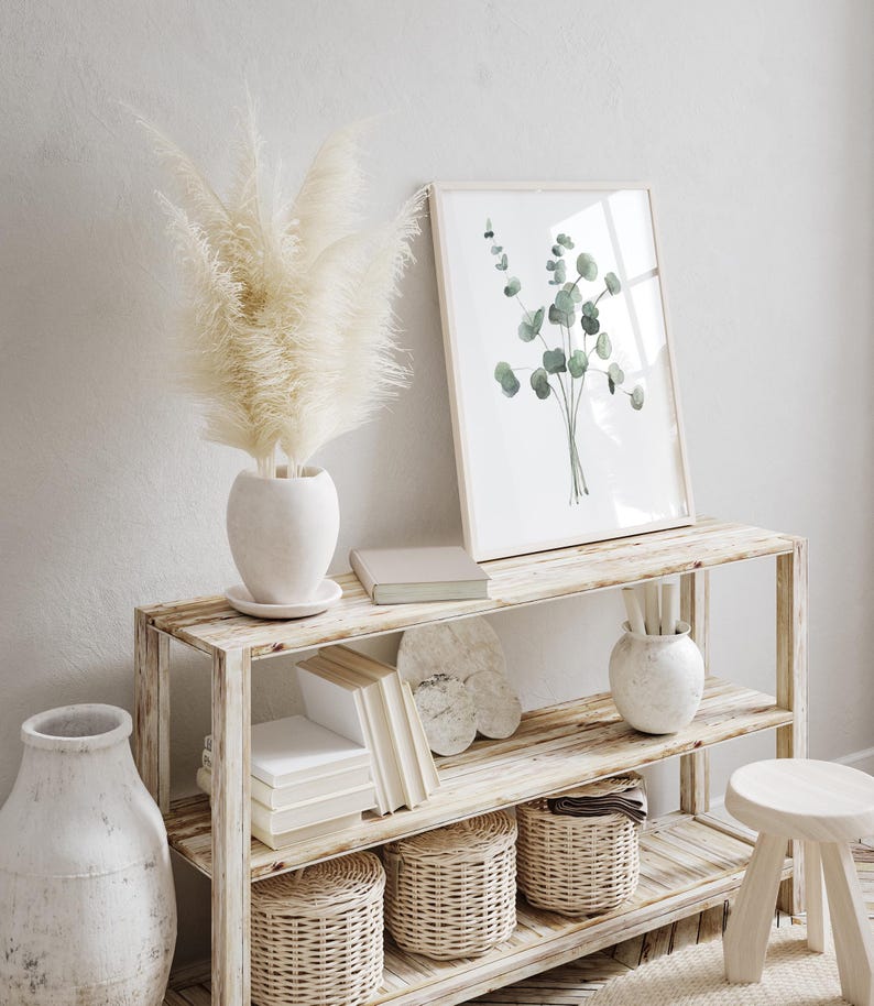 Minimalistische Wanddekoration, 3er-Set Kunstdrucke mit Eukalyptus und Olivenzweigen in Hellgrün