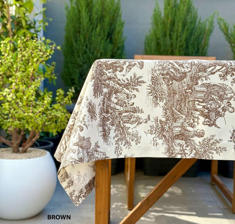 Grüne Toile de Jouy Tischdecke aus Entenleinen mit Baumwoll-Polyester, französischer Landhausstil