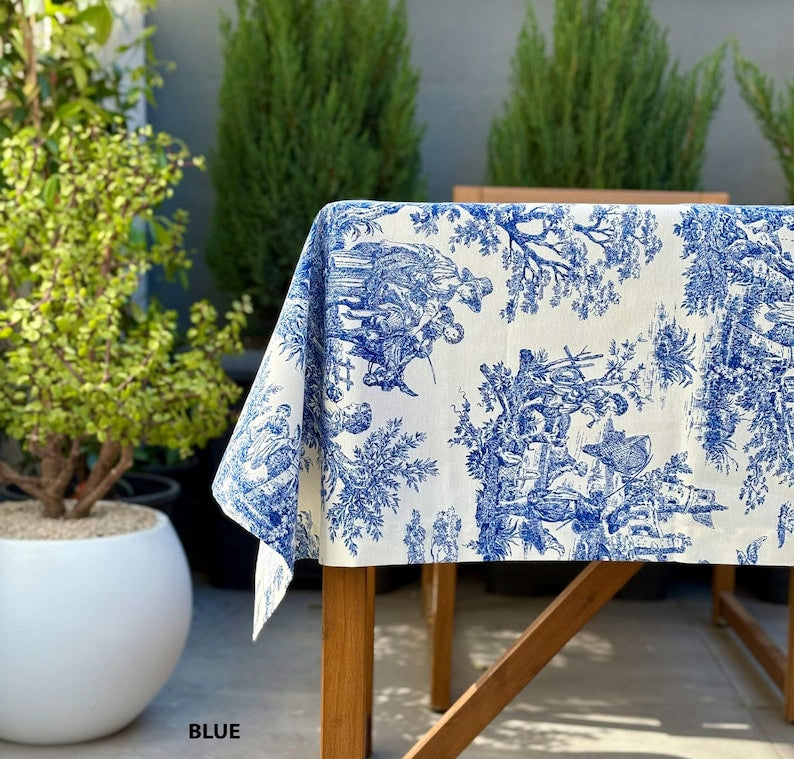 Grüne Toile de Jouy Tischdecke aus Entenleinen mit Baumwoll-Polyester, französischer Landhausstil