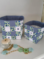 Patchwork-Aufbewahrungskorb aus Stoff, gefüttert, mit Rosenstickerei und Spitze