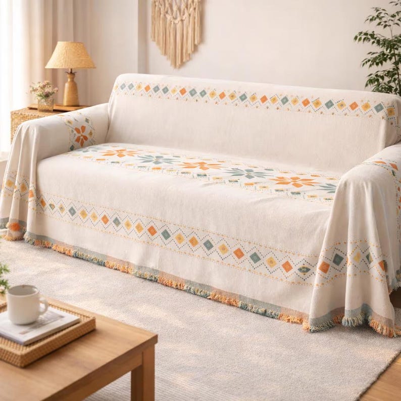 Boho Chenille Sofabezug, anti-rutsch und katzenkratzfest, Couchüberwurf