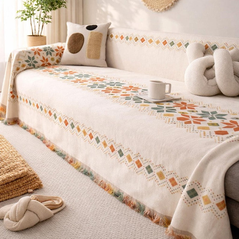 Boho Chenille Sofabezug, anti-rutsch und katzenkratzfest, Couchüberwurf