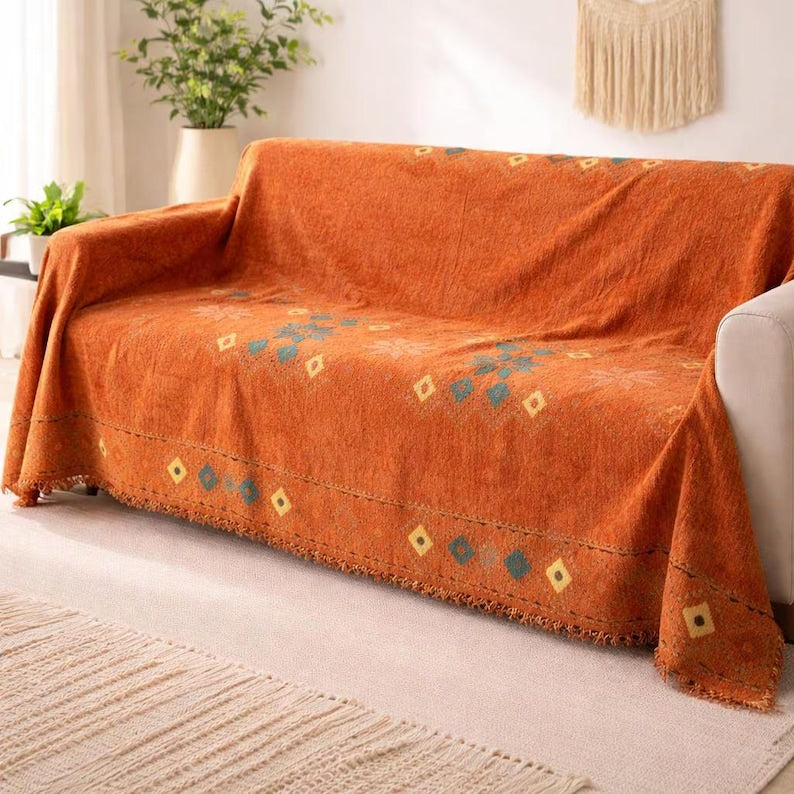 Boho Chenille Sofabezug, anti-rutsch und katzenkratzfest, Couchüberwurf