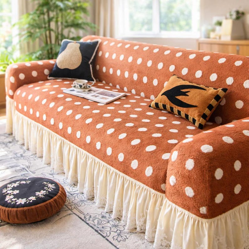 Stretch-Sofabezug mit Pünktchenmuster, weicher Baumwollstoff, moderner Couchschutz