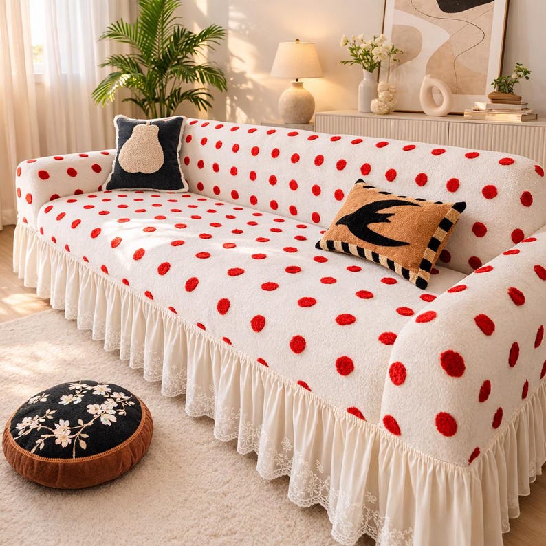 Stretch-Sofabezug mit Pünktchenmuster, weicher Baumwollstoff, moderner Couchschutz