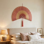 Altrosa Boho Wandfächer aus Bambus, großer handgefertigter Wandbehang für Schlafzimmer