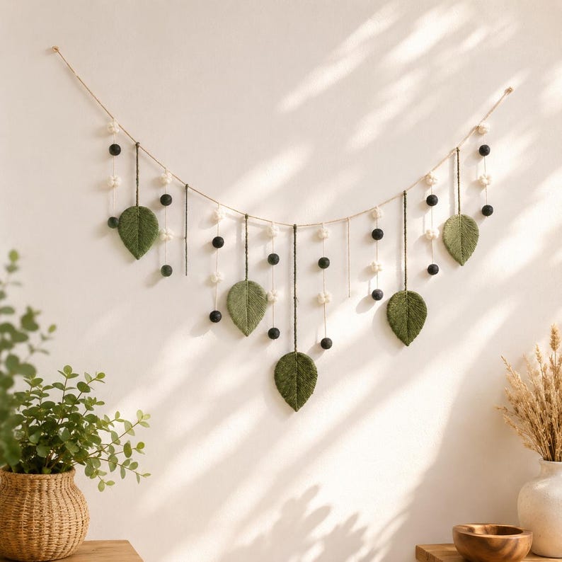 Grüne Makramee-Blattgirlande als Boho-Wandbehang mit Perlen, 180 x 40 cm