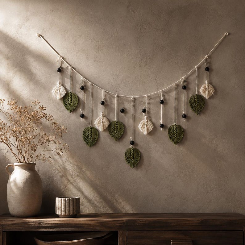 Grüne Makramee-Blattgirlande als Boho-Wandbehang mit Perlen, 180 x 40 cm