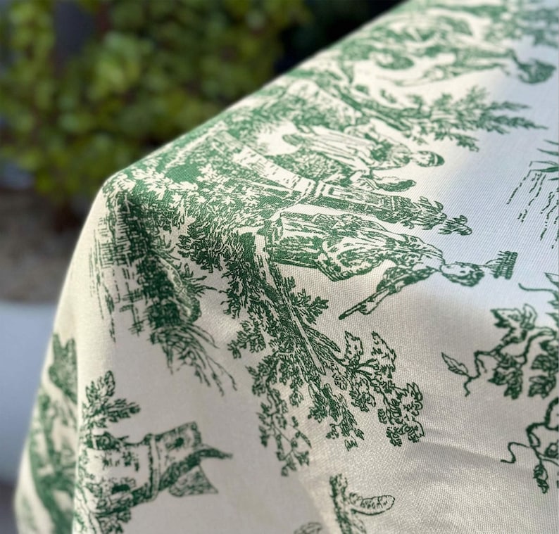 Grüne Toile de Jouy Tischdecke aus Entenleinen mit Baumwoll-Polyester, französischer Landhausstil