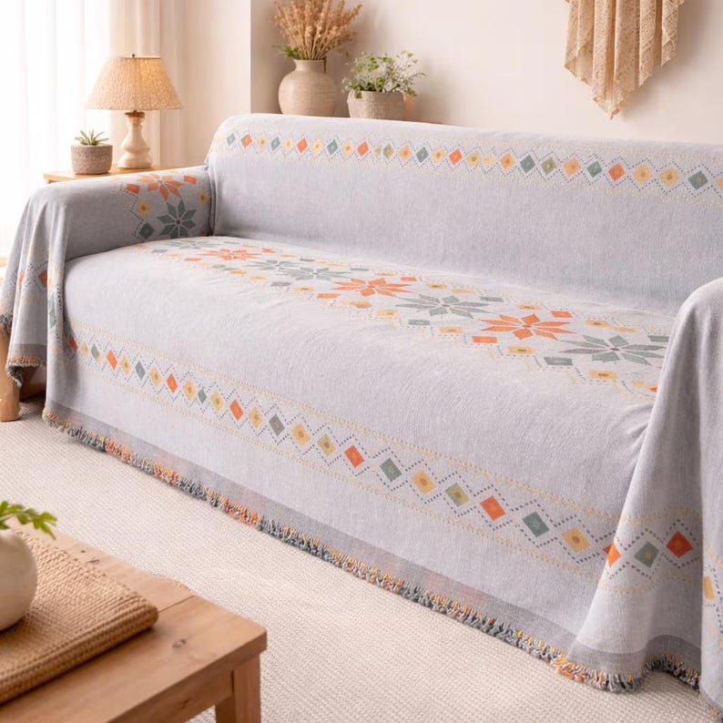 Boho Chenille Sofabezug, anti-rutsch und katzenkratzfest, Couchüberwurf