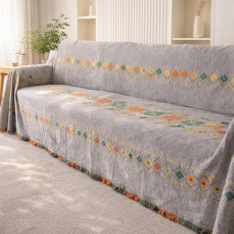 Boho Chenille Sofabezug, anti-rutsch und katzenkratzfest, Couchüberwurf