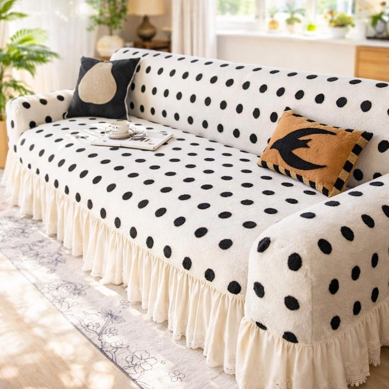 Stretch-Sofabezug mit Pünktchenmuster, weicher Baumwollstoff, moderner Couchschutz