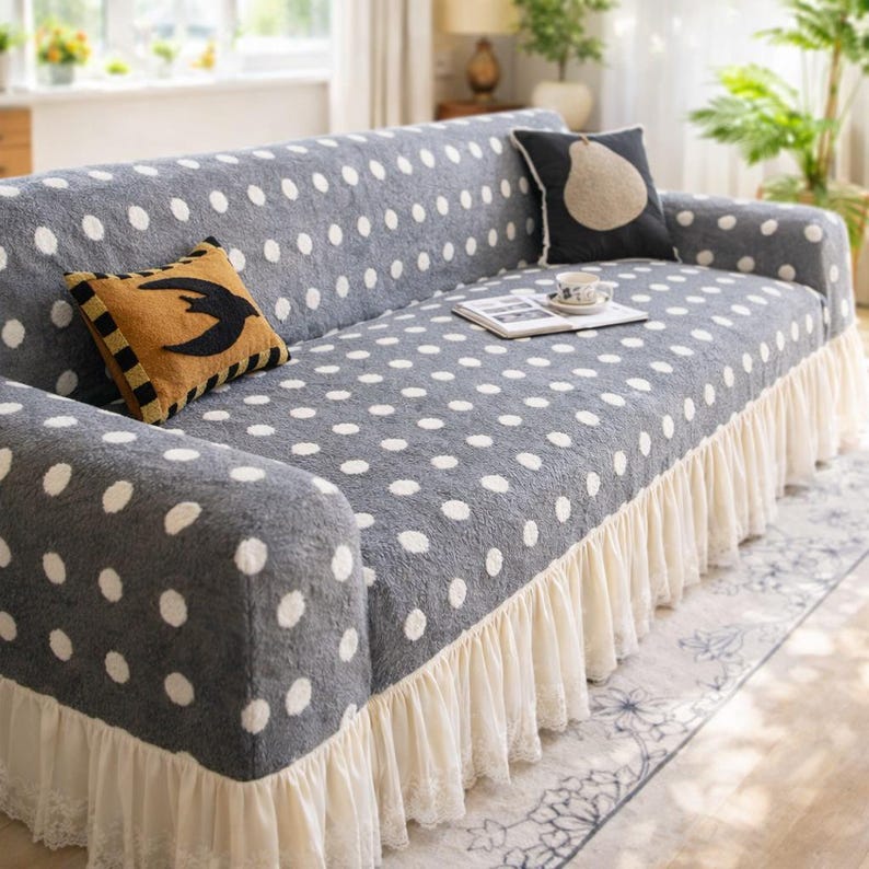 Stretch-Sofabezug mit Pünktchenmuster, weicher Baumwollstoff, moderner Couchschutz