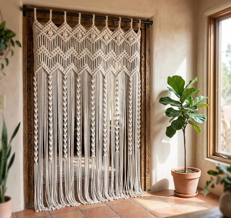 Handgefertigter Makramee-Vorhang aus Baumwolle, Fenstervorhang oder Türvorhang, Boho-Gardine