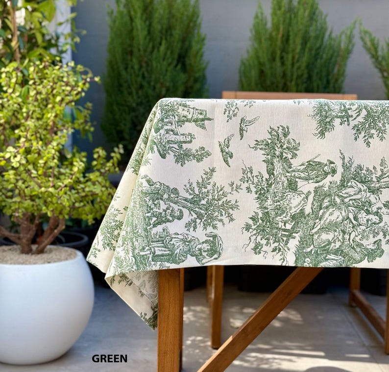 Grüne Toile de Jouy Tischdecke aus Entenleinen mit Baumwoll-Polyester, französischer Landhausstil