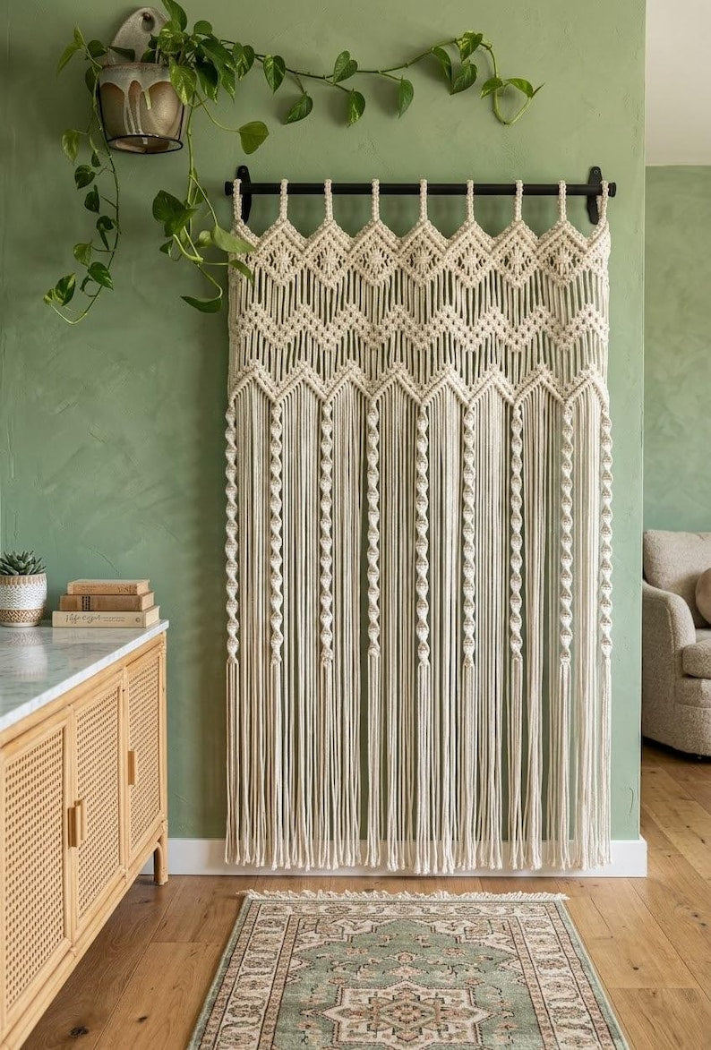 Handgefertigter Makramee-Vorhang aus Baumwolle, Fenstervorhang oder Türvorhang, Boho-Gardine