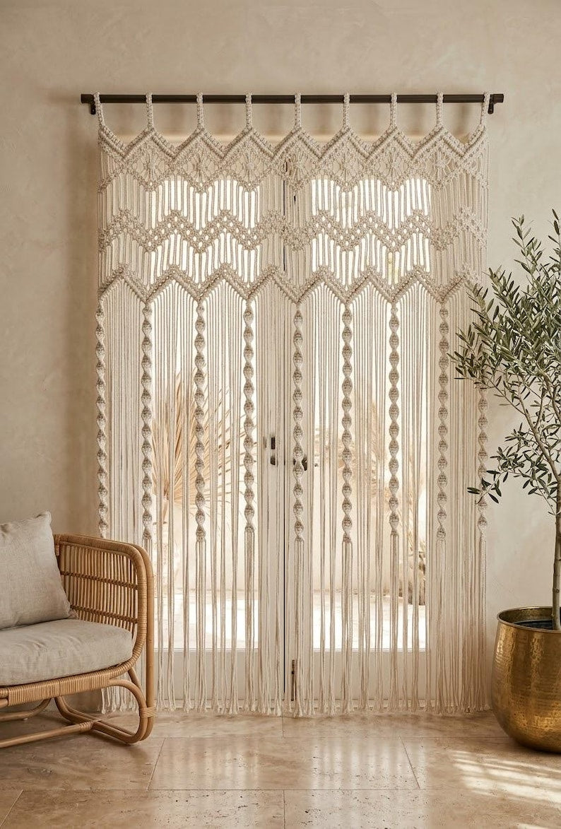 Handgefertigter Makramee-Vorhang aus Baumwolle, Fenstervorhang oder Türvorhang, Boho-Gardine