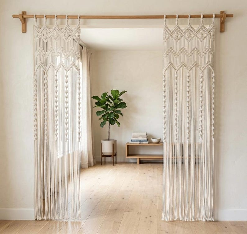Handgefertigter Makramee-Vorhang aus Baumwolle, Fenstervorhang oder Türvorhang, Boho-Gardine
