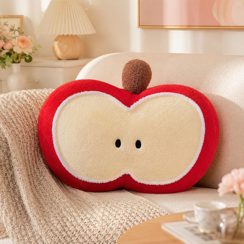 Apfel-Plüschkissen, apfelscheibenförmiges Kuschelkissen aus weichem Teddy-Samtstoff, rot-cremefarben