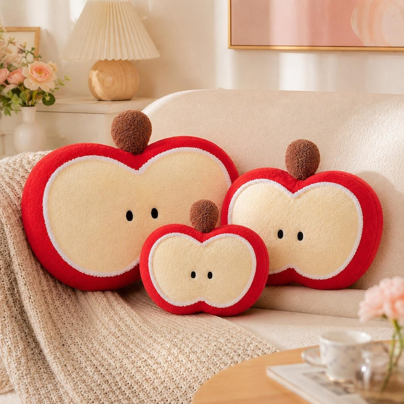 Apfel-Plüschkissen, apfelscheibenförmiges Kuschelkissen aus weichem Teddy-Samtstoff, rot-cremefarben