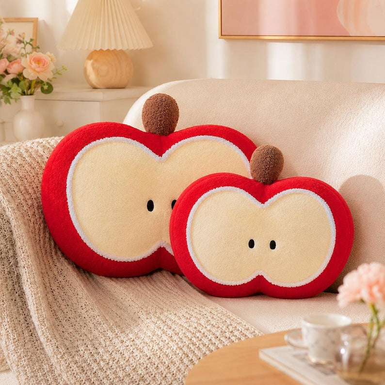 Apfel-Plüschkissen, apfelscheibenförmiges Kuschelkissen aus weichem Teddy-Samtstoff, rot-cremefarben