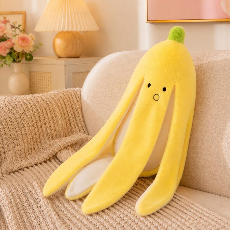 Bananen-Plüschkissen mit gesticktem Gesicht, langes Kuschelkissen aus Kurzplüsch mit PP-Baumwollfüllung