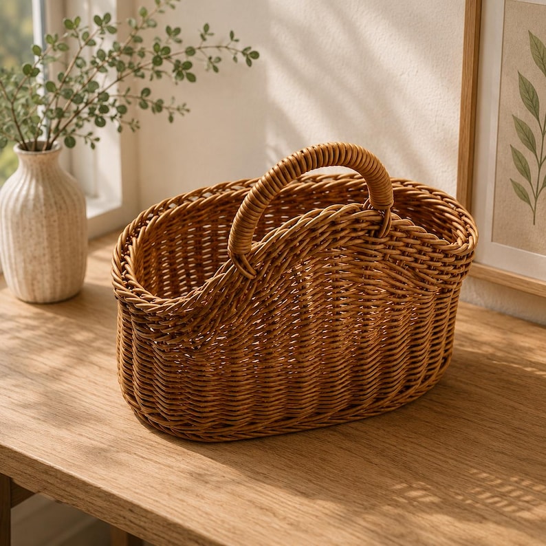 Geflochtener Wandkorb aus Rattan im Boho-Landhausstil, faltbar, für Blumen und Aufbewahrung
