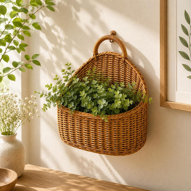 Geflochtener Wandkorb aus Rattan im Boho-Landhausstil, faltbar, für Blumen und Aufbewahrung