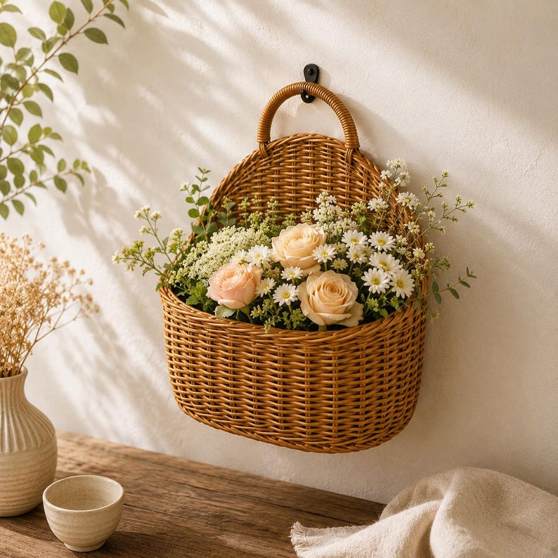 Geflochtener Wandkorb aus Rattan im Boho-Landhausstil, faltbar, für Blumen und Aufbewahrung