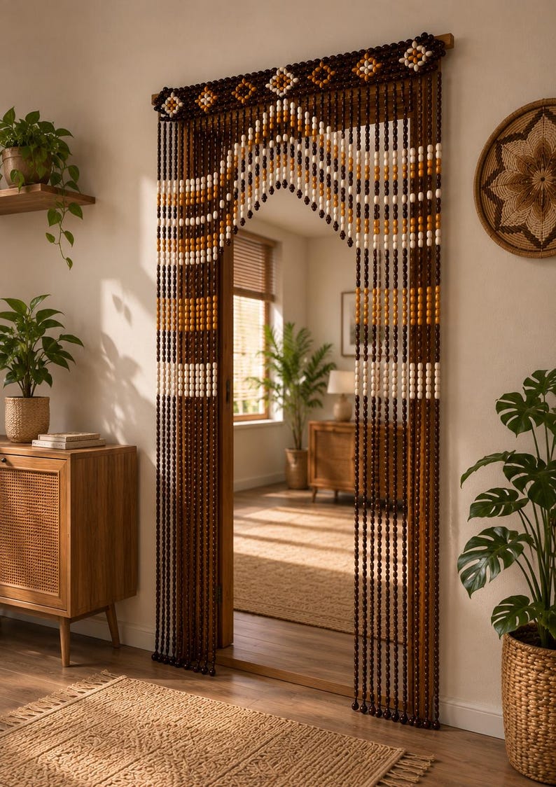 Handgefertigter Türvorhang aus Holzperlen – bogenförmiger Vorhang aus Buchenholz, 200 × 100 cm