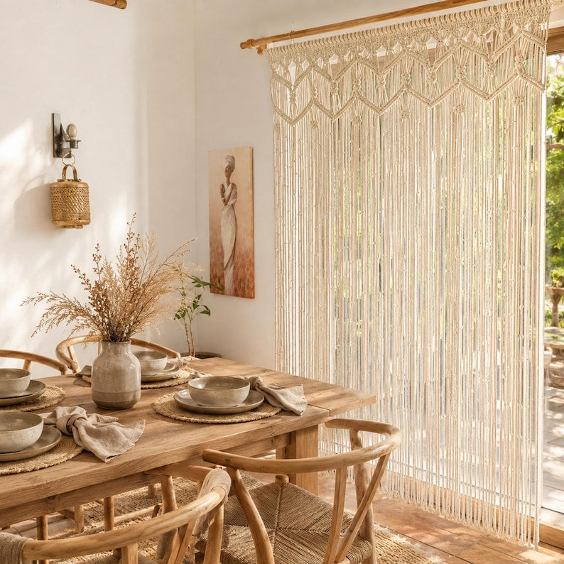 Makramee-Vorhang aus Baumwolle, elfenbeinfarbener Boho-Fenstervorhang und Raumteiler